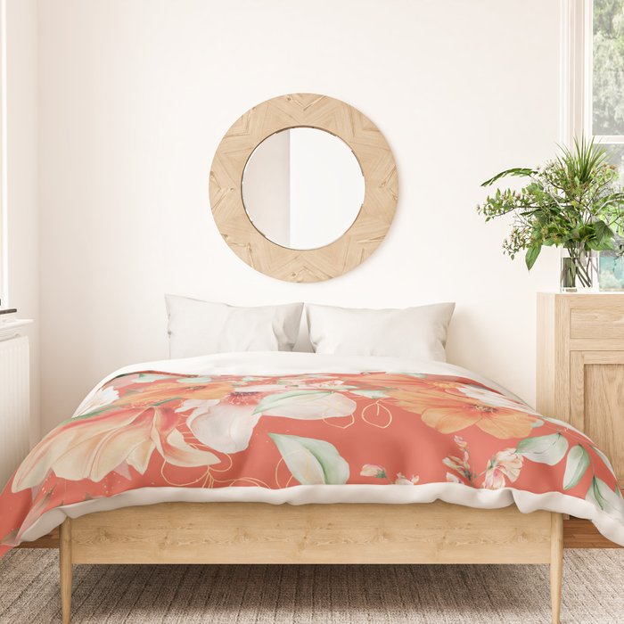 Peach Florals with Painted Speckles on Orange Coral Duvet Cover Gallery Image 3