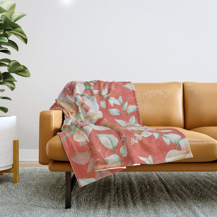 Peach Florals with Painted Speckles on Orange Coral Throw Blanket Gallery Image 1