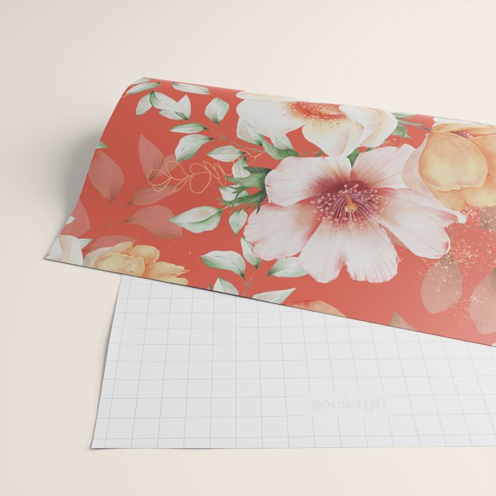 Peach Florals with Painted Speckles on Orange Coral Wrapping Paper Gallery Image 2