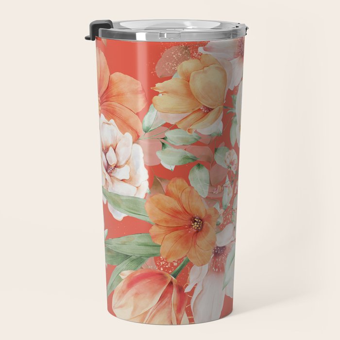 Peach Florals with Painted Speckles on Orange Coral Travel Mug Gallery Image 3