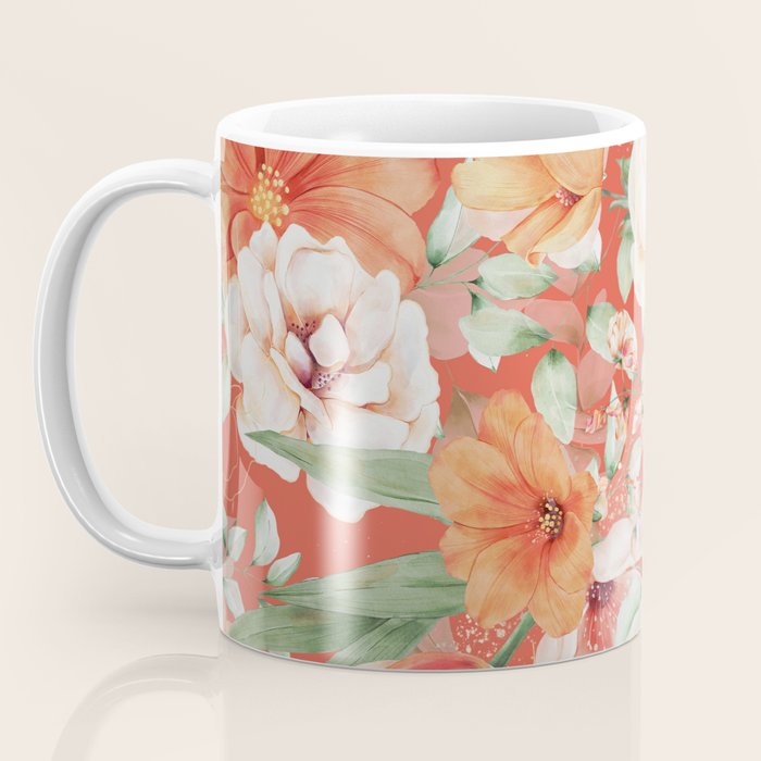 Peach Florals with Painted Speckles on Orange Coral Coffee Mug Gallery Image 3