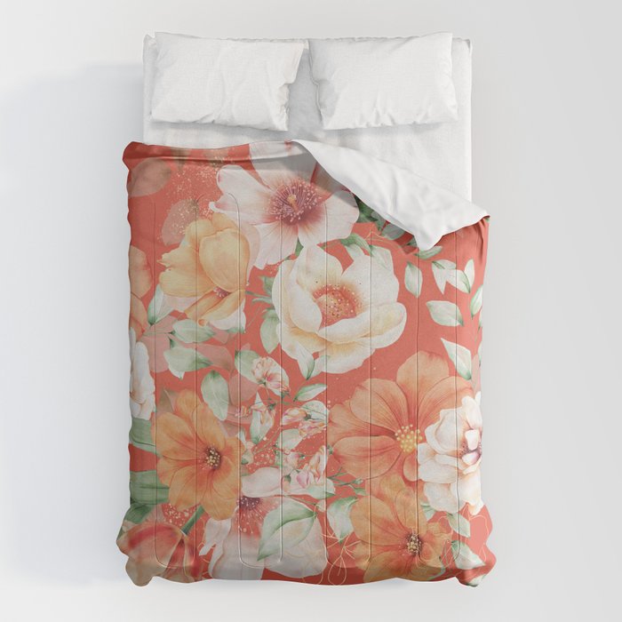 Peach Florals with Painted Speckles on Orange Coral Comforter Gallery Image 1