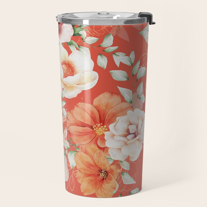 Peach Florals with Painted Speckles on Orange Coral Travel Mug Gallery Image 2