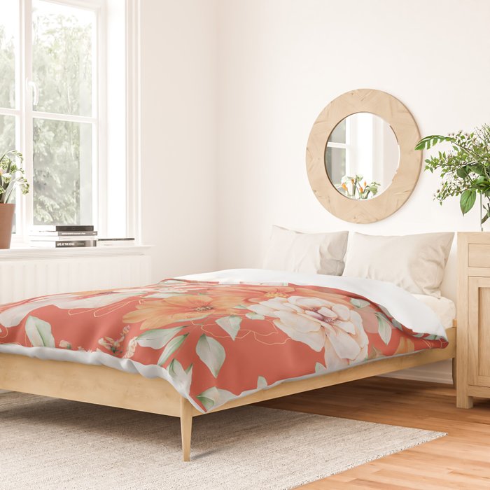 Peach Florals with Painted Speckles on Orange Coral Duvet Cover Gallery Image 2
