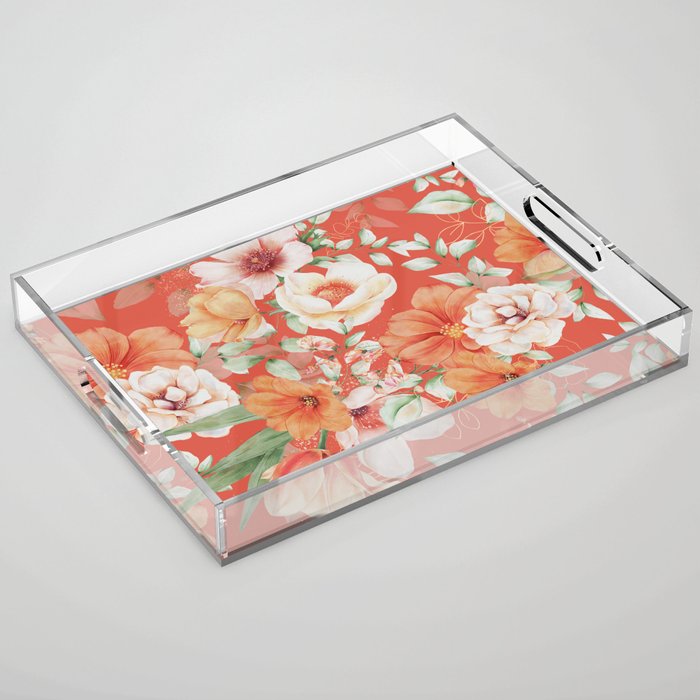 Peach Florals with Painted Speckles on Orange Coral Acrylic Tray Gallery Image 1