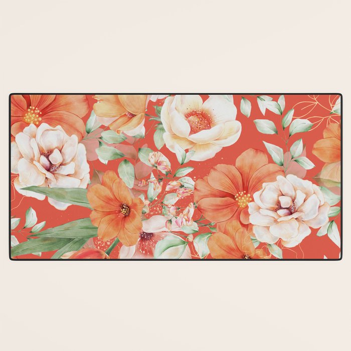 Peach Florals with Painted Speckles on Orange Coral Desk Mat Gallery Image 3