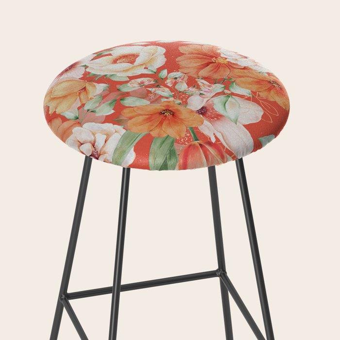 Peach Florals with Painted Speckles on Orange Coral Stool Gallery Image 2