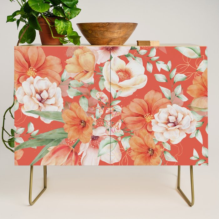 Peach Florals with Painted Speckles on Orange Coral Credenza Gallery Image 1