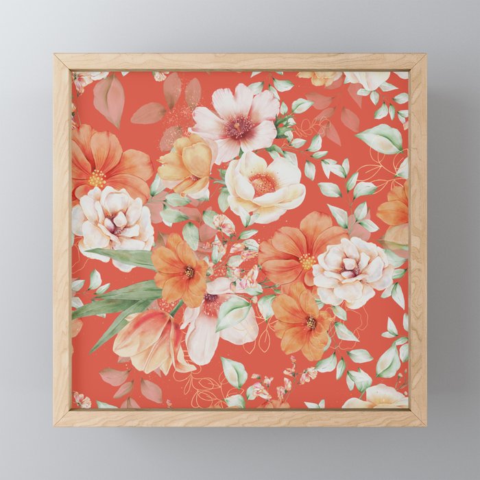 Peach Florals with Painted Speckles on Orange Coral Mini Art Print Gallery Image 1