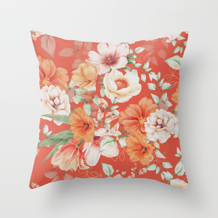 Peach Florals with Painted Speckles on Orange Coral Throw Pillow Gallery Image 6