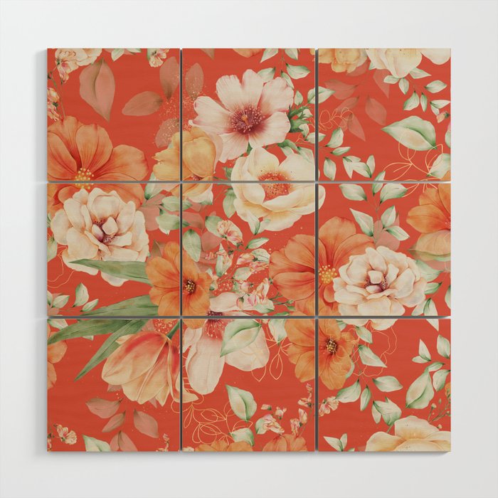 Peach Florals with Painted Speckles on Orange Coral Wood Wall Art Gallery Image 1