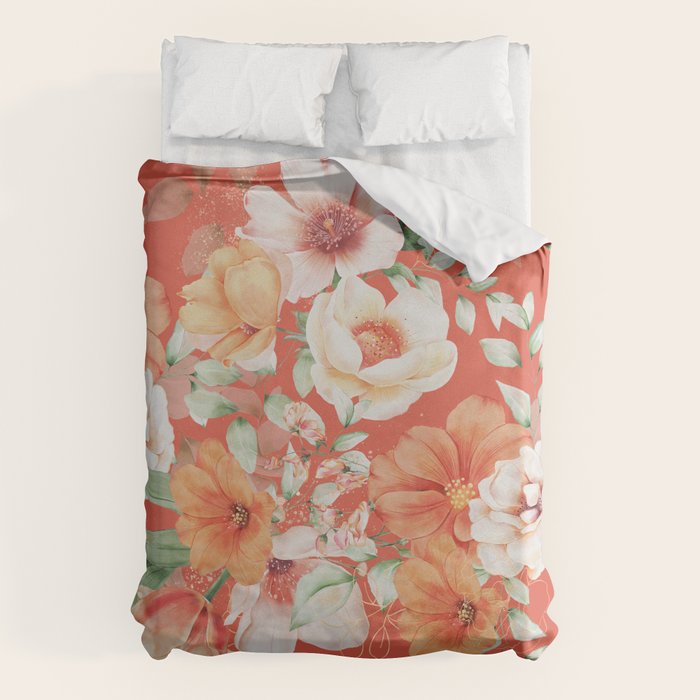 Peach Florals with Painted Speckles on Orange Coral Duvet Cover Gallery Image 6