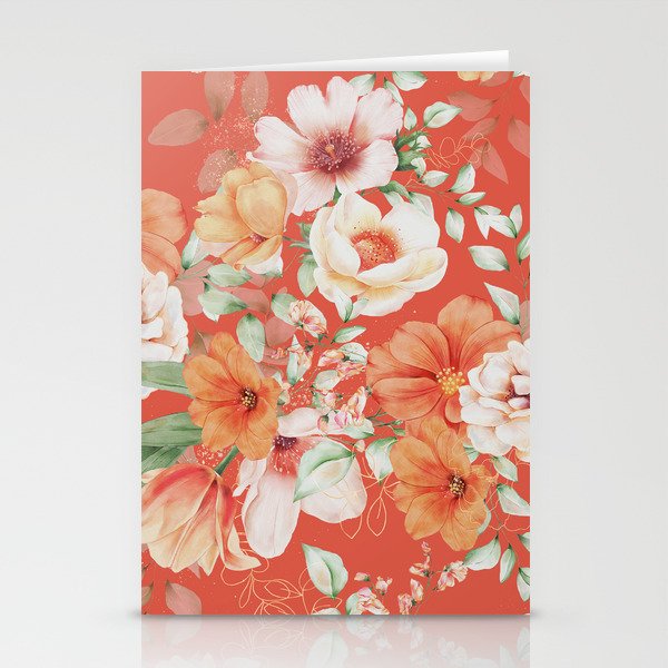 Peach Florals with Painted Speckles on Orange Coral Stationery Card Gallery Image 1
