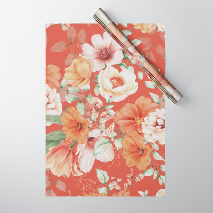 Peach Florals with Painted Speckles on Orange Coral Wrapping Paper Gallery Image 1