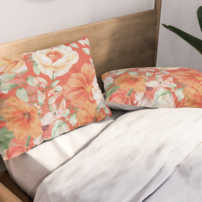 Peach Florals with Painted Speckles on Orange Coral Pillow Sham Gallery Image 2