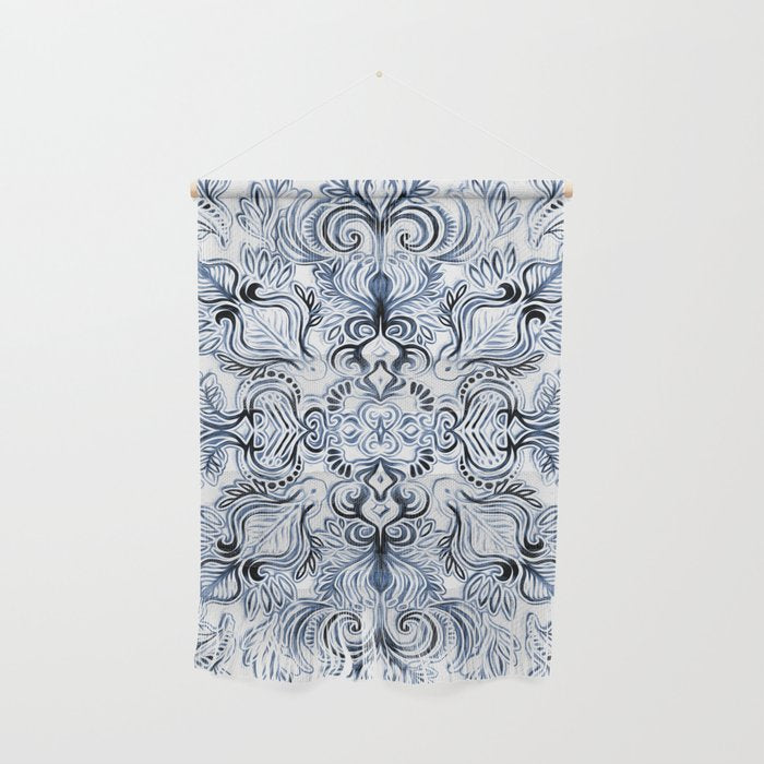 Indigo, Navy Blue and White Calligraphy Doodle Pattern Wall Hanging Gallery Image 1
