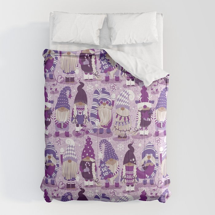 Let it gnome // monochromatic violet little Santa's helpers preparing for Christmas Comforter Gallery Image 6