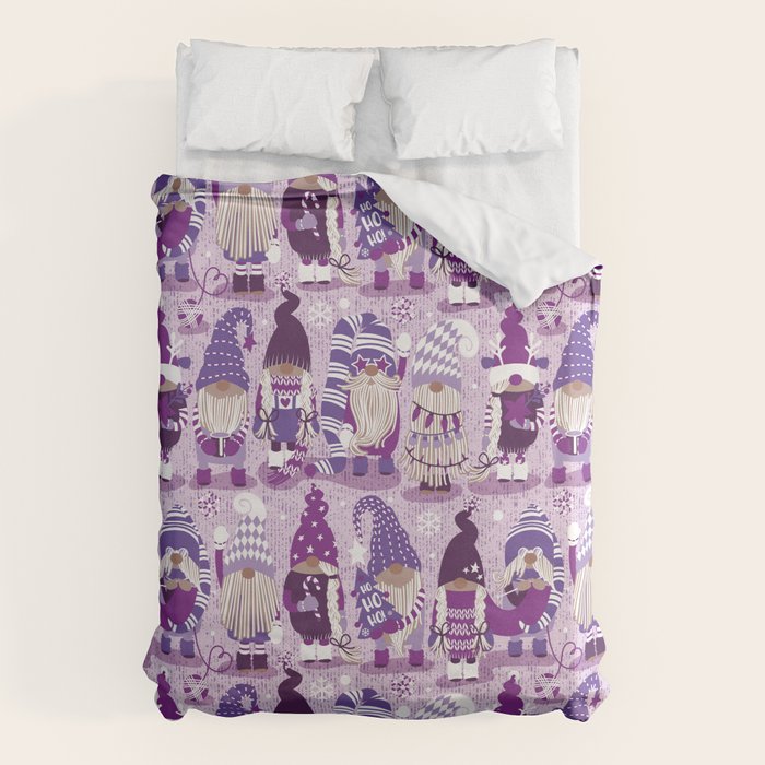 Let it gnome // monochromatic violet little Santa's helpers preparing for Christmas Duvet Cover Gallery Image 1