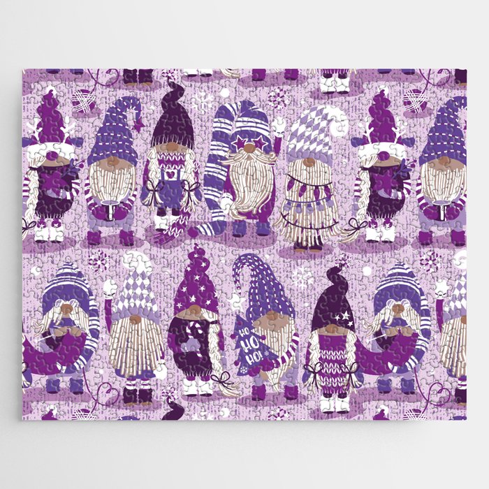 Let it gnome // monochromatic violet little Santa's helpers preparing for Christmas Jigsaw Puzzle Gallery Image 1