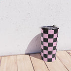 Checkered (Black & Pink Pattern) Travel Mug Gallery Image 4