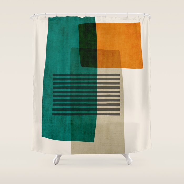 Orange Teal Green Modern Abstract Artwork Shower Curtain Gallery Image 1