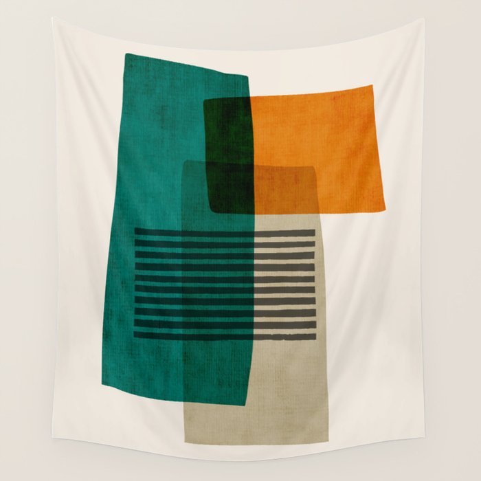 Orange Teal Green Modern Abstract Artwork Wall Tapestry Gallery Image 1