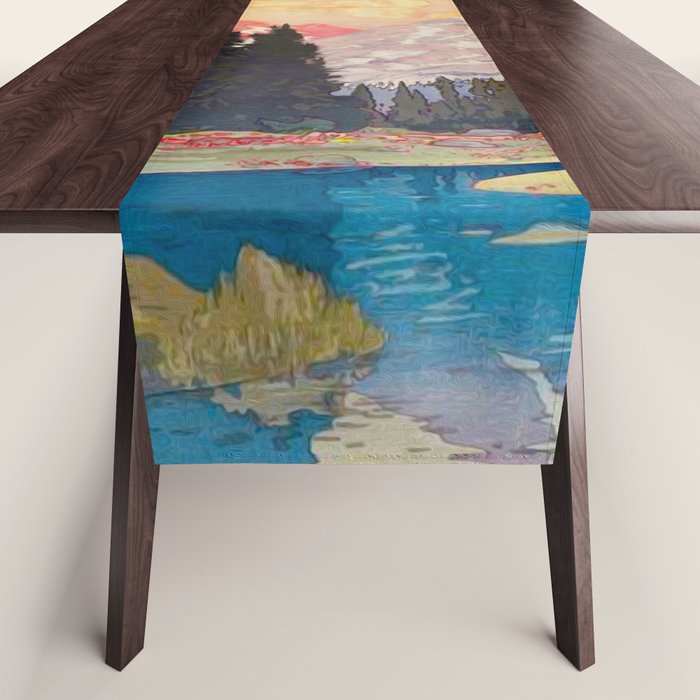 Storms over Keiisino - Winter Mountain & Forest Ukiyoe Nature Landscape in Pink, Blue, and Green Table Runner Gallery Image 1