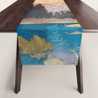 Storms over Keiisino - Winter Mountain & Forest Ukiyoe Nature Landscape in Pink, Blue, and Green Table Runner Gallery Image 1