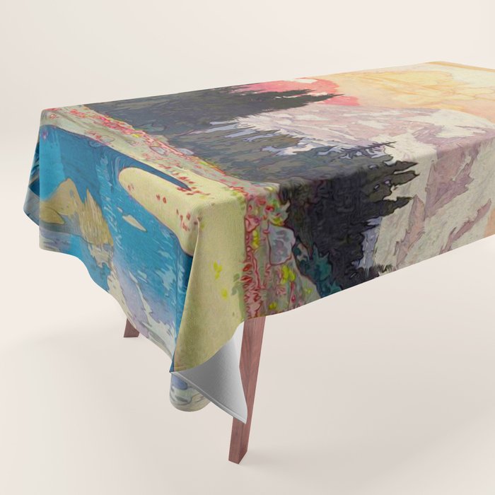 Storms over Keiisino - Winter Mountain & Forest Ukiyoe Nature Landscape in Pink, Blue, and Green Tablecloth Gallery Image 1