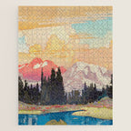 Storms over Keiisino - Winter Mountain & Forest Ukiyoe Nature Landscape in Pink, Blue, and Green Jigsaw Puzzle Gallery Image 1