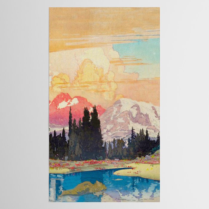 Storms over Keiisino - Winter Mountain & Forest Ukiyoe Nature Landscape in Pink, Blue, and Green Tablecloth Gallery Image 2