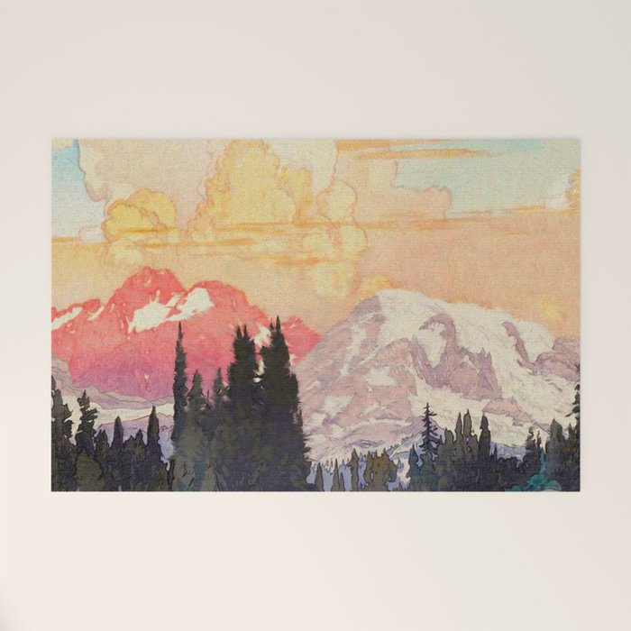 Storms over Keiisino - Winter Mountain & Forest Ukiyoe Nature Landscape in Pink, Blue, and Green Welcome Mat Gallery Image 1