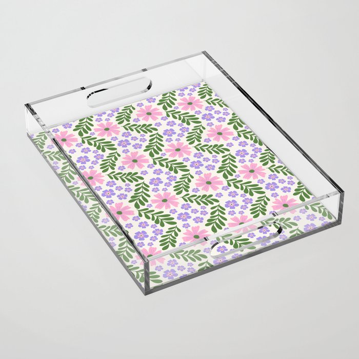Whimsical Floral - White, Green, Pink and Purple Acrylic Tray Gallery Image 1