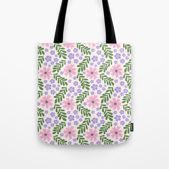 Whimsical Floral - White, Green, Pink and Purple Tote Bag Gallery Image 1