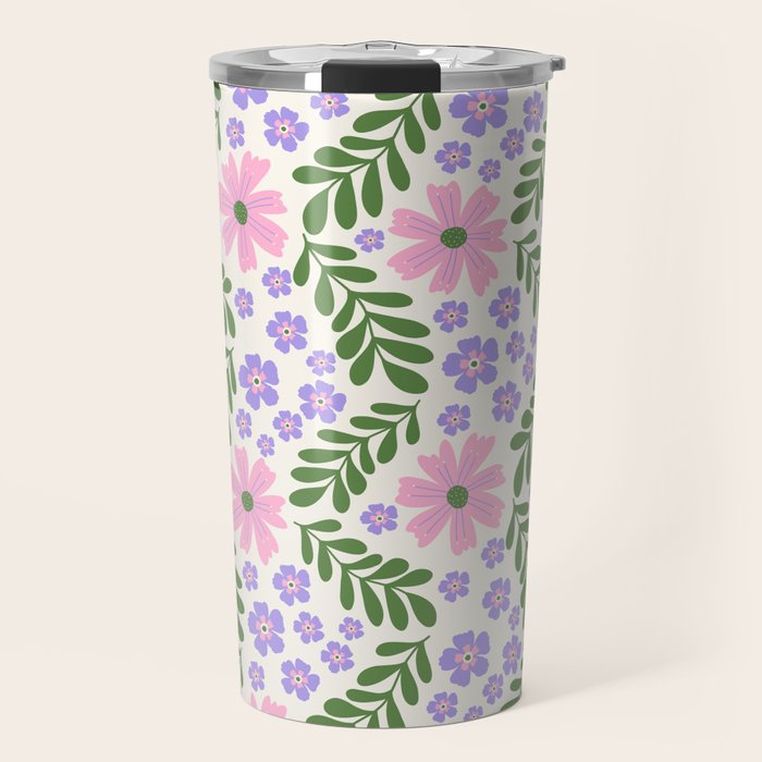 Whimsical Floral - White, Green, Pink and Purple Travel Mug Gallery Image 1
