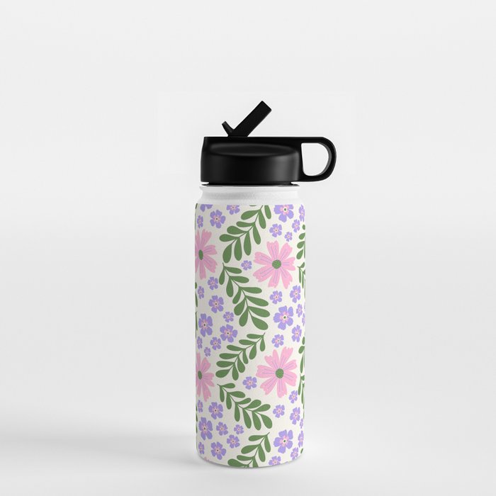 Whimsical Floral - White, Green, Pink and Purple Water Bottle Gallery Image 1
