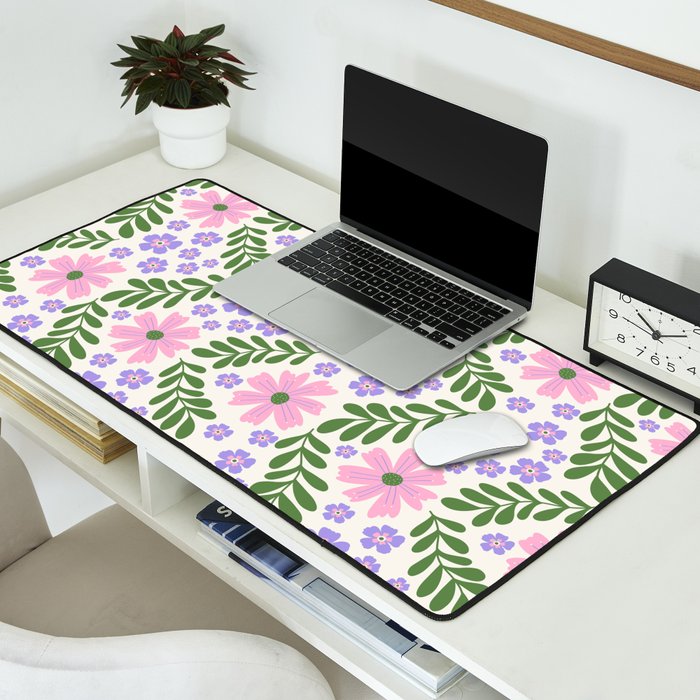 Whimsical Floral - White, Green, Pink and Purple Desk Mat Gallery Image 2