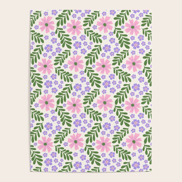 Whimsical Floral - White, Green, Pink and Purple Poster Gallery Image 4