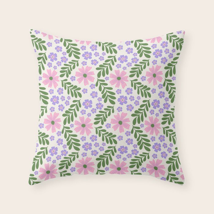 Whimsical Floral - White, Green, Pink and Purple Throw Pillow Gallery Image 6