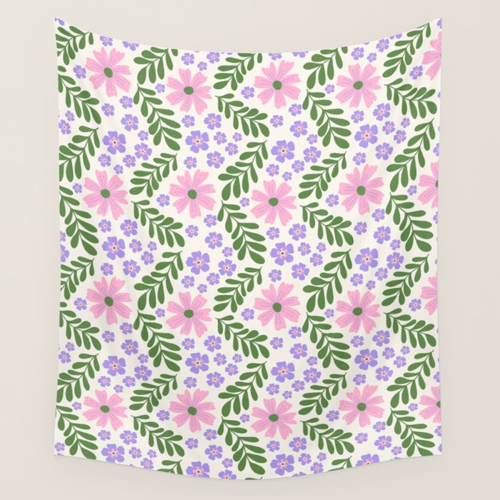 Whimsical Floral - White, Green, Pink and Purple Wall Tapestry Gallery Image 4