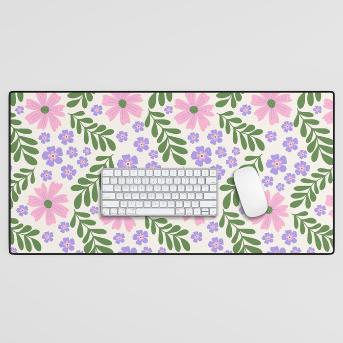 Whimsical Floral - White, Green, Pink and Purple Desk Mat Gallery Image 1