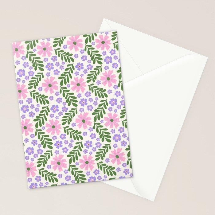 Whimsical Floral - White, Green, Pink and Purple Stationery Card Gallery Image 2