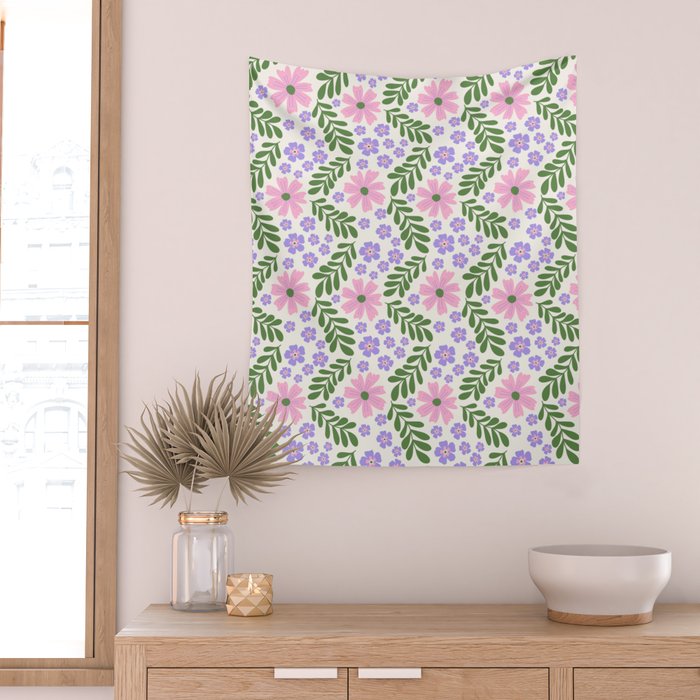 Whimsical Floral - White, Green, Pink and Purple Wall Tapestry Gallery Image 2