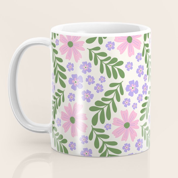 Whimsical Floral - White, Green, Pink and Purple Coffee Mug Gallery Image 3