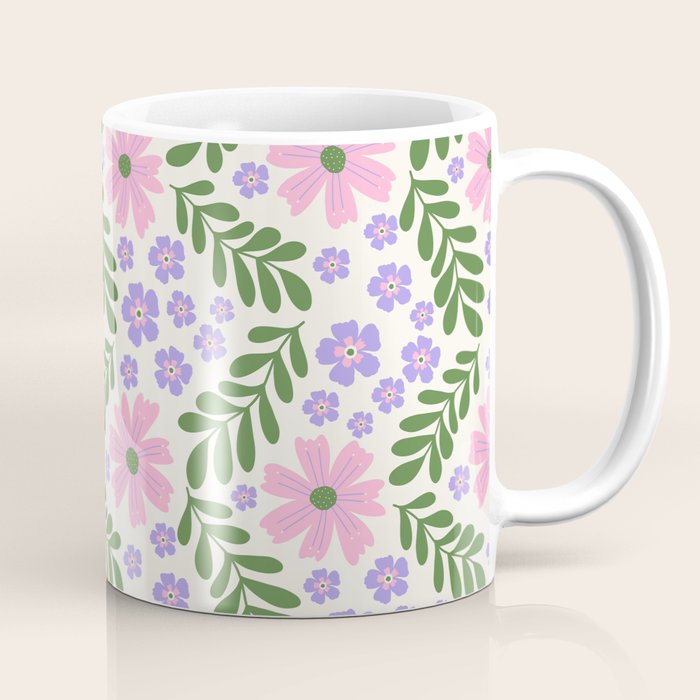 Whimsical Floral - White, Green, Pink and Purple Coffee Mug Gallery Image 1