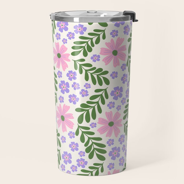 Whimsical Floral - White, Green, Pink and Purple Travel Mug Gallery Image 2