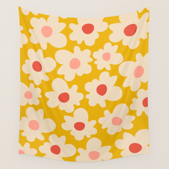 Abstract Flower Shape - Yellow, Red and Peach  Wall Tapestry Gallery Image 4