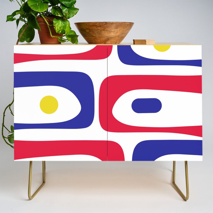 Mid Century Modern Piquet Minimalist Abstract Pattern in Red, Navy Blue, Yellow, and White Credenza Gallery Image 1