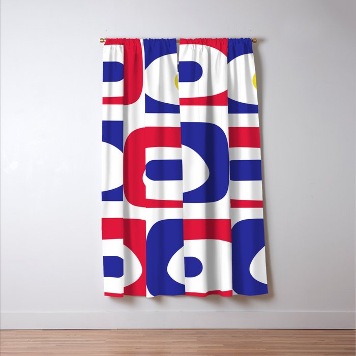 Mid Century Modern Piquet Minimalist Abstract Pattern in Red, Navy Blue, Yellow, and White Window Curtain Gallery Image 3