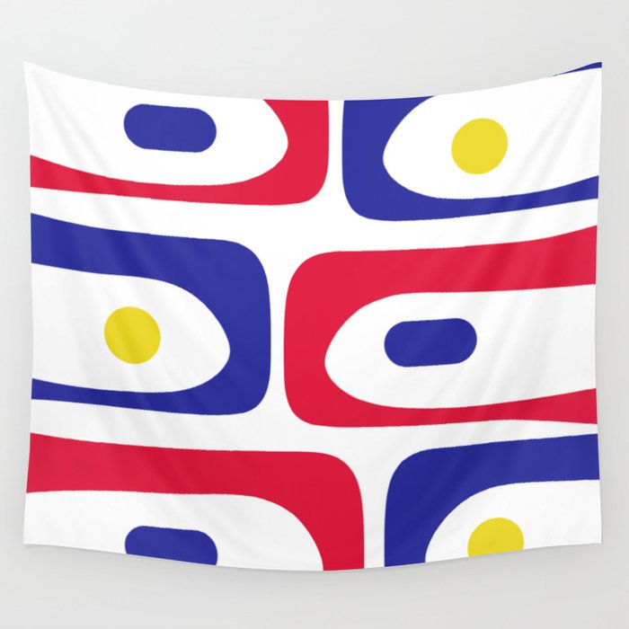 Mid Century Modern Piquet Minimalist Abstract Pattern in Red, Navy Blue, Yellow, and White Wall Tapestry Gallery Image 1